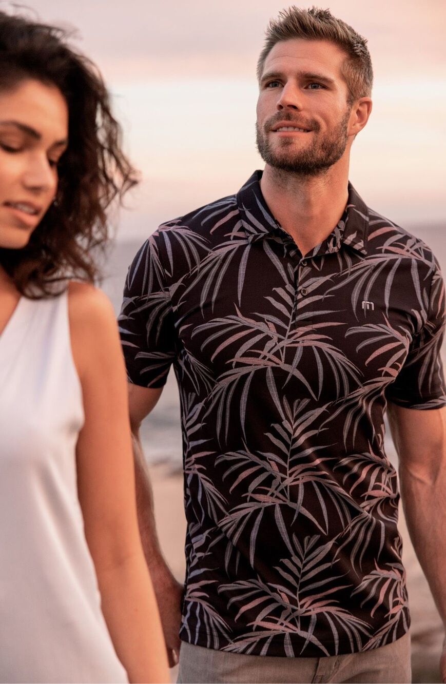 Travis Mathew Buzz Words Leaf Print Piqué Polo S Cotton Blend Tropical